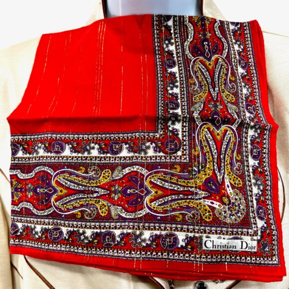 New Unused Christian dior MiniScarf/Handker Cotton 20" Red yellow paisley (44) - Picture 2 of 5
